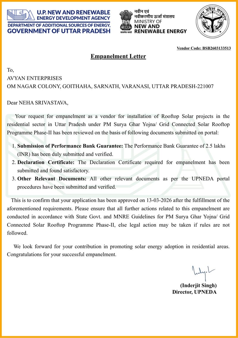 Avyan Enterprises - UPNEDA Empanelment Letter (Vendor Code: BSB2603133513)